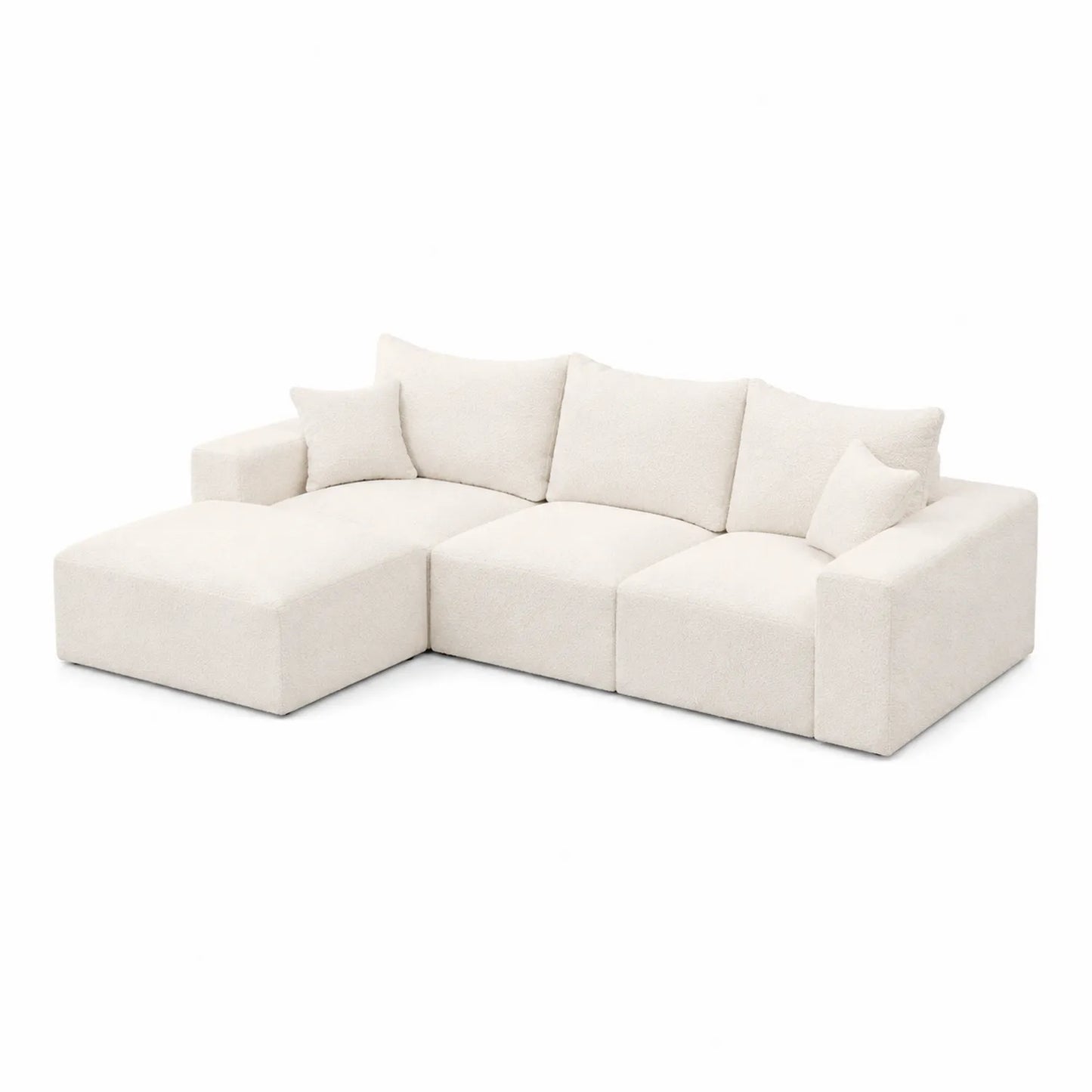 Ecksofa aus Bouclé-Stoff Beige mit Ottomane 280cm x 160cm