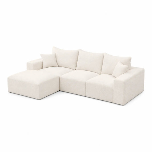 Ecksofa aus Bouclé-Stoff Beige mit Ottomane 280cm x 160cm