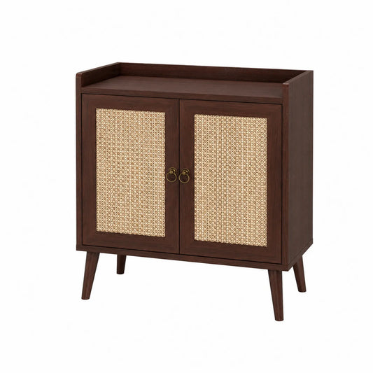 Holzkommode mit Rattan-Türen Dunkelbraun
