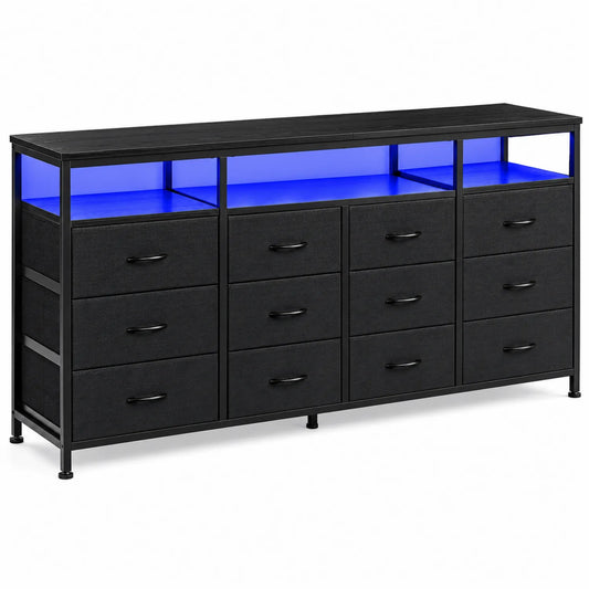 Schwarze Kommode mit Metallrahmen und LED-Beleuchtung, 9 Schubladen