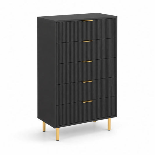 Schwarze MDF-Kommode mit 5 Schubladen und Metallgestell